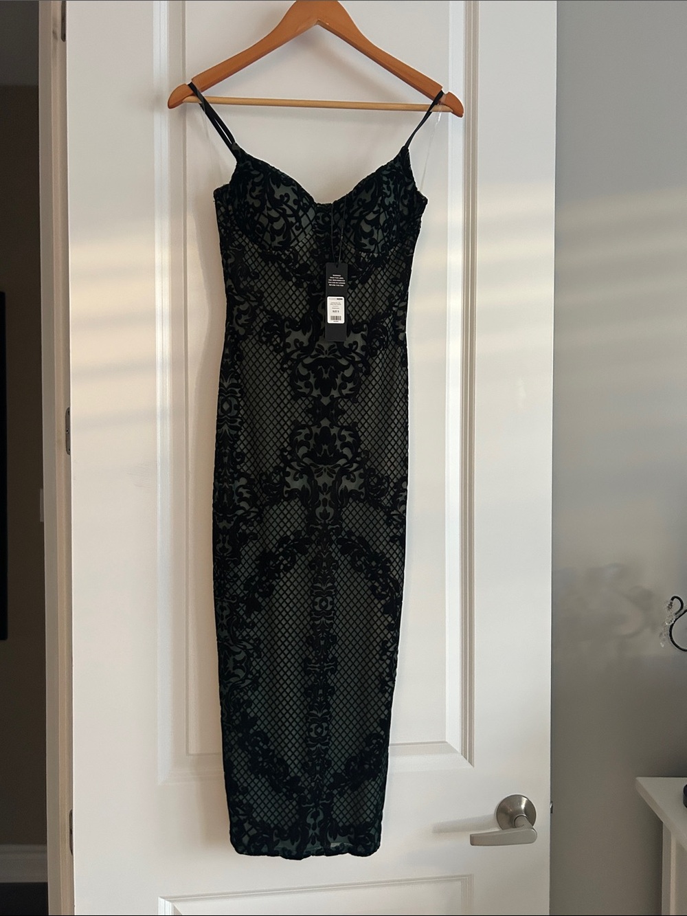 Fashion Nova Black Velvet-Print Lace Midi Dress